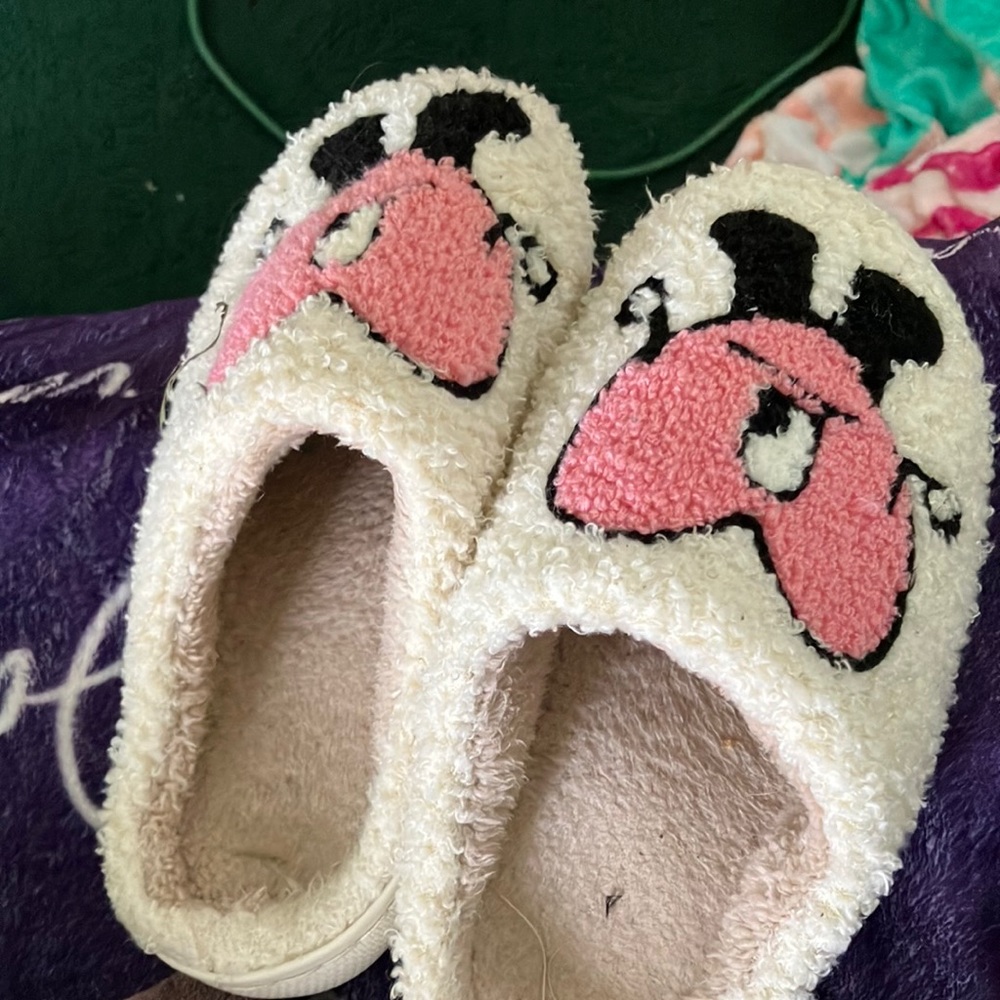 White and pink fuzzy slippers. Really comfy and cute. Preppy. Size 6